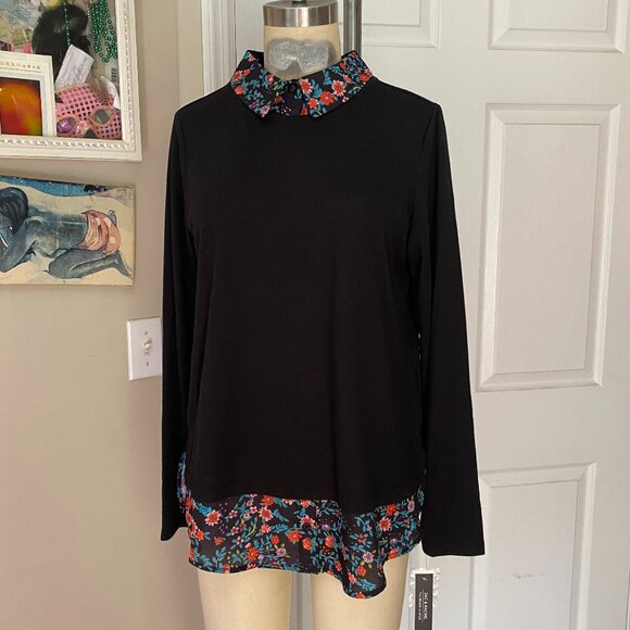 ZAC & RACHEL Black FLORAL Collared Layered look BLACK Blouse Shirt *SMALL* - Picture 1 of 7